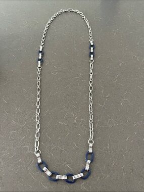 L👀K 3 for $10 Silver tone Chain Necklace with Navy Blue Links